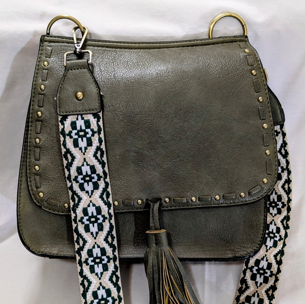 Stylish Green Vegan Leather Bag with Patterned Strap